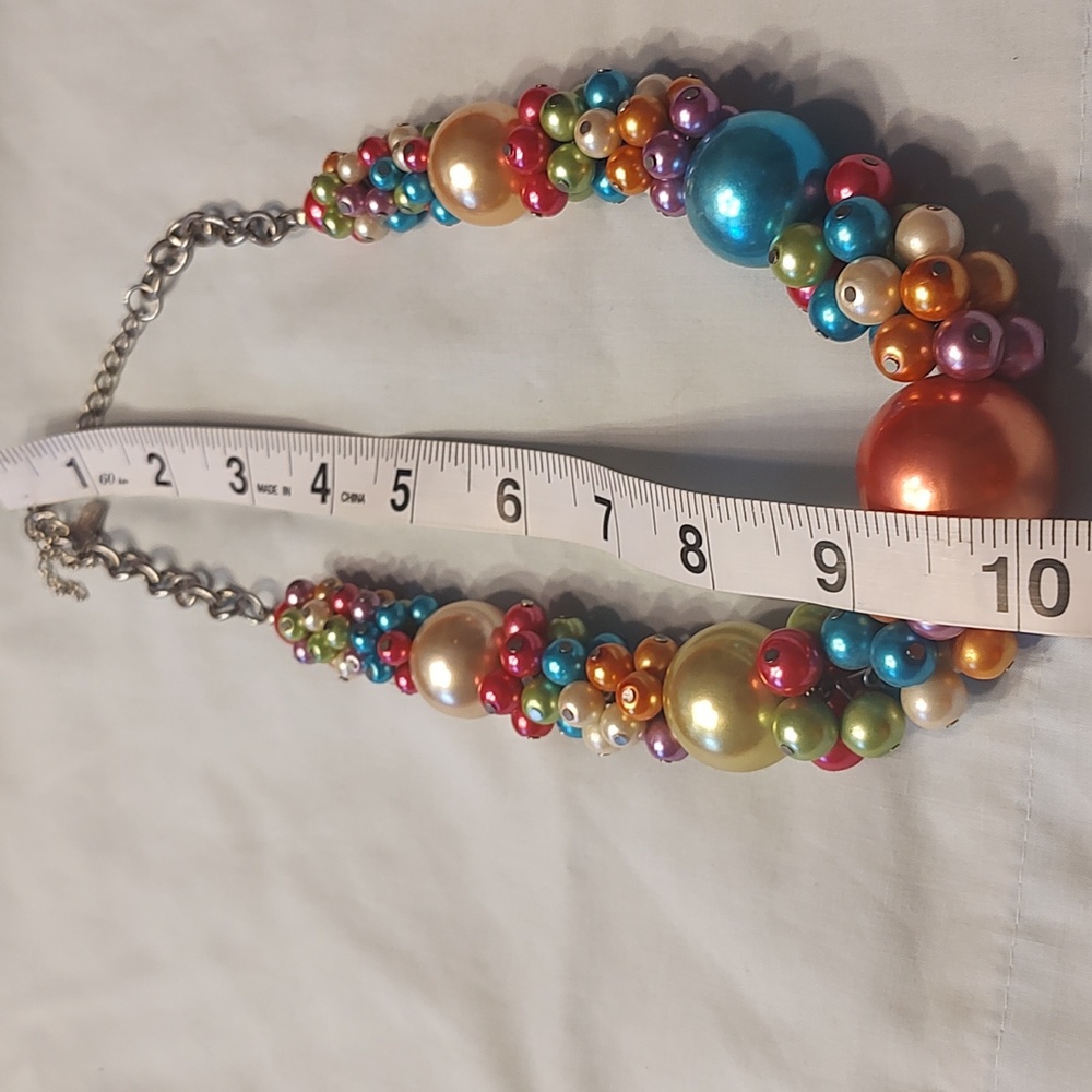 Fun rainbow bead statement necklace & Bright Pink Iridescent Layering Necklace - Picture 7 of 11